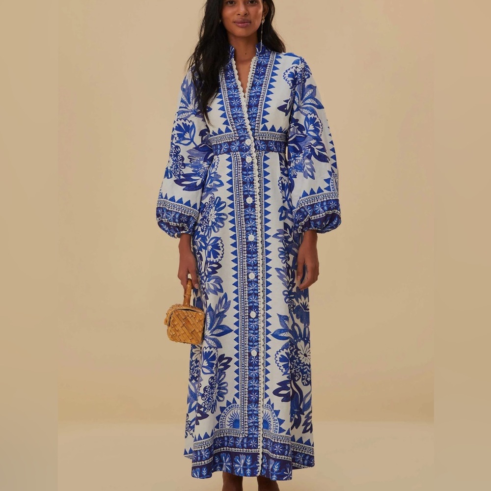 NWT Farm Rio flora floral tapestry blue white button maxi dress XS